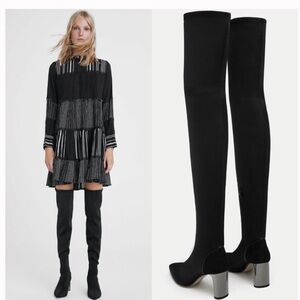 ZARA Over the Knee Stretch Black Boots Silver Heel Size 8 Thigh High Neoprene